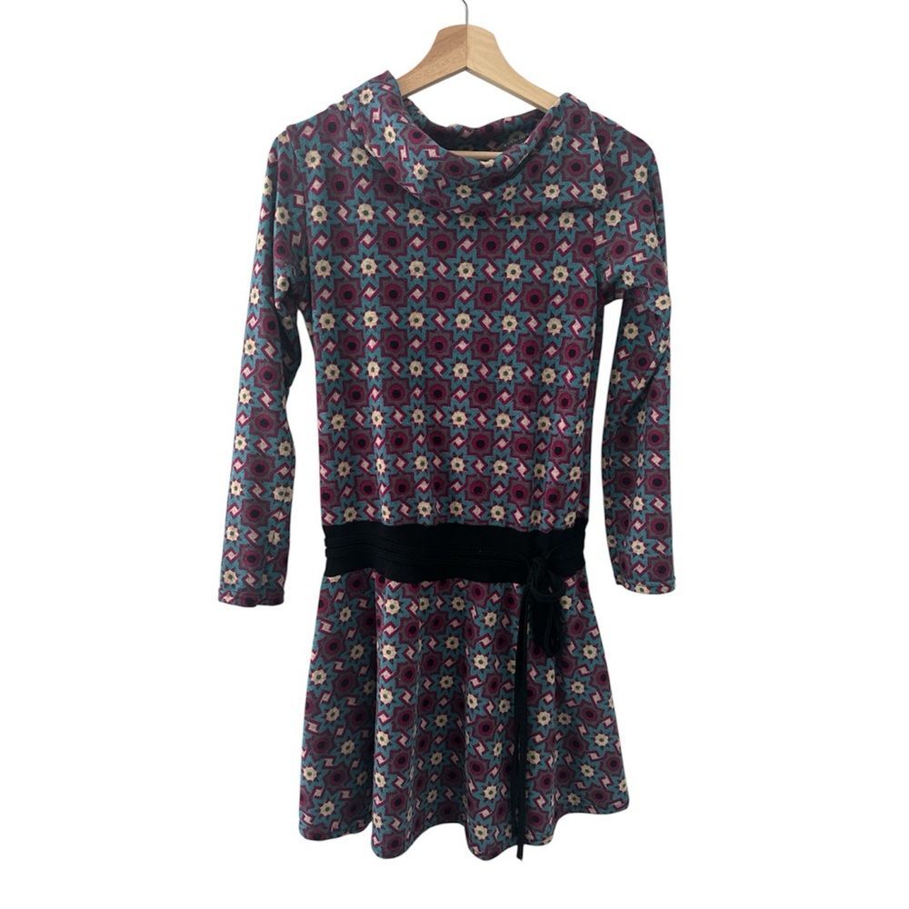 Figwood Geometric Print Cowl Neck Drop Waist Dress Medium Large Boho Retro